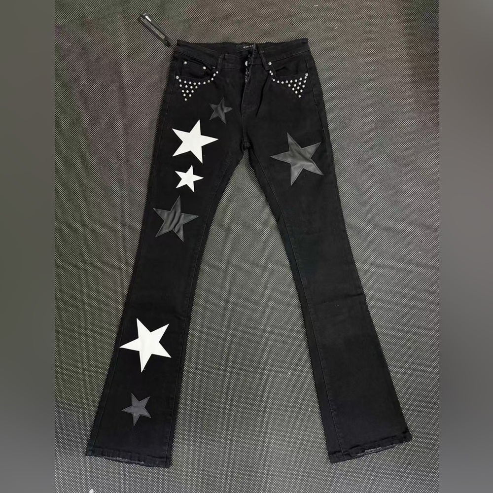 Amiri Black Star Patch Flare Jeans Studded Pocket Denim Pants
